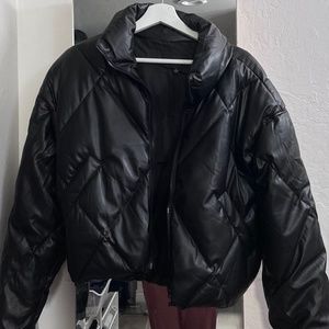 Cropped faux leather puffer jacket